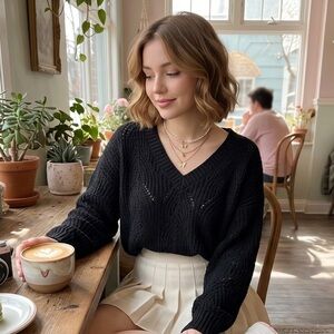 American Eagle Black Pointelle Cropped Sweater - V-Neck - Open Knit - Large